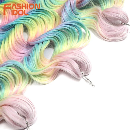 FASHION IDOL 24inch 300g/3pcs Deep Wave Crochet Hair Synthetic Water Wave Braiding Hair Ombre Rainbow color Fake Hair Extensions