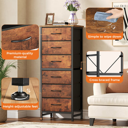 Tall 6‑Drawer Fabric Dresser with Wood Top & Metal Frame