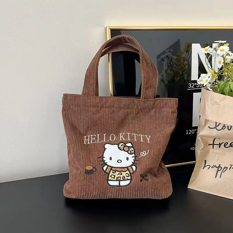 Hello Kitty Embroidered Corduroy Tote Bag (Reusable, Large Capacity, Kawaii Shoulder Handbag)