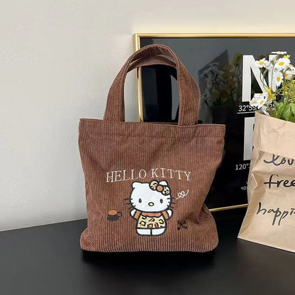 Hello Kitty Embroidered Corduroy Tote Bag (Reusable, Large Capacity, Kawaii Shoulder Handbag)