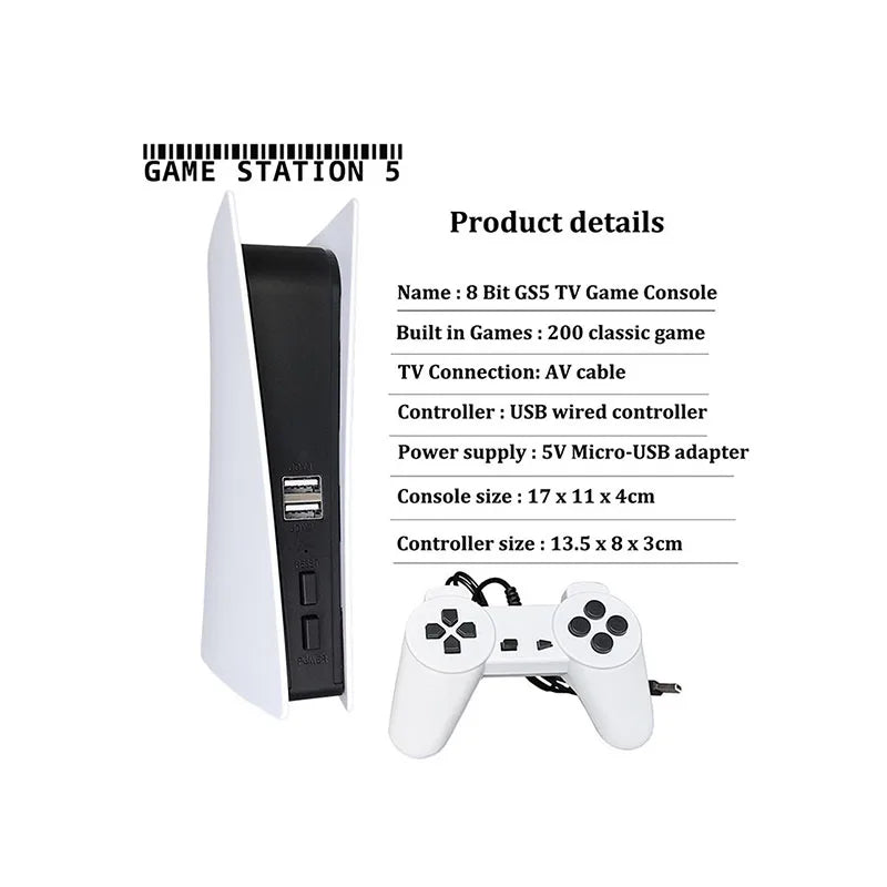 GS5 Retro 8‑Bit Game Console – 200 Games, USB Controllers