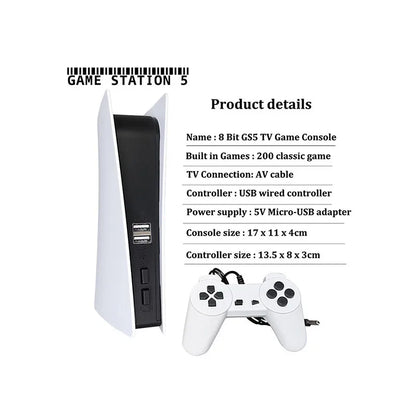 GS5 Retro 8‑Bit Game Console – 200 Games, USB Controllers