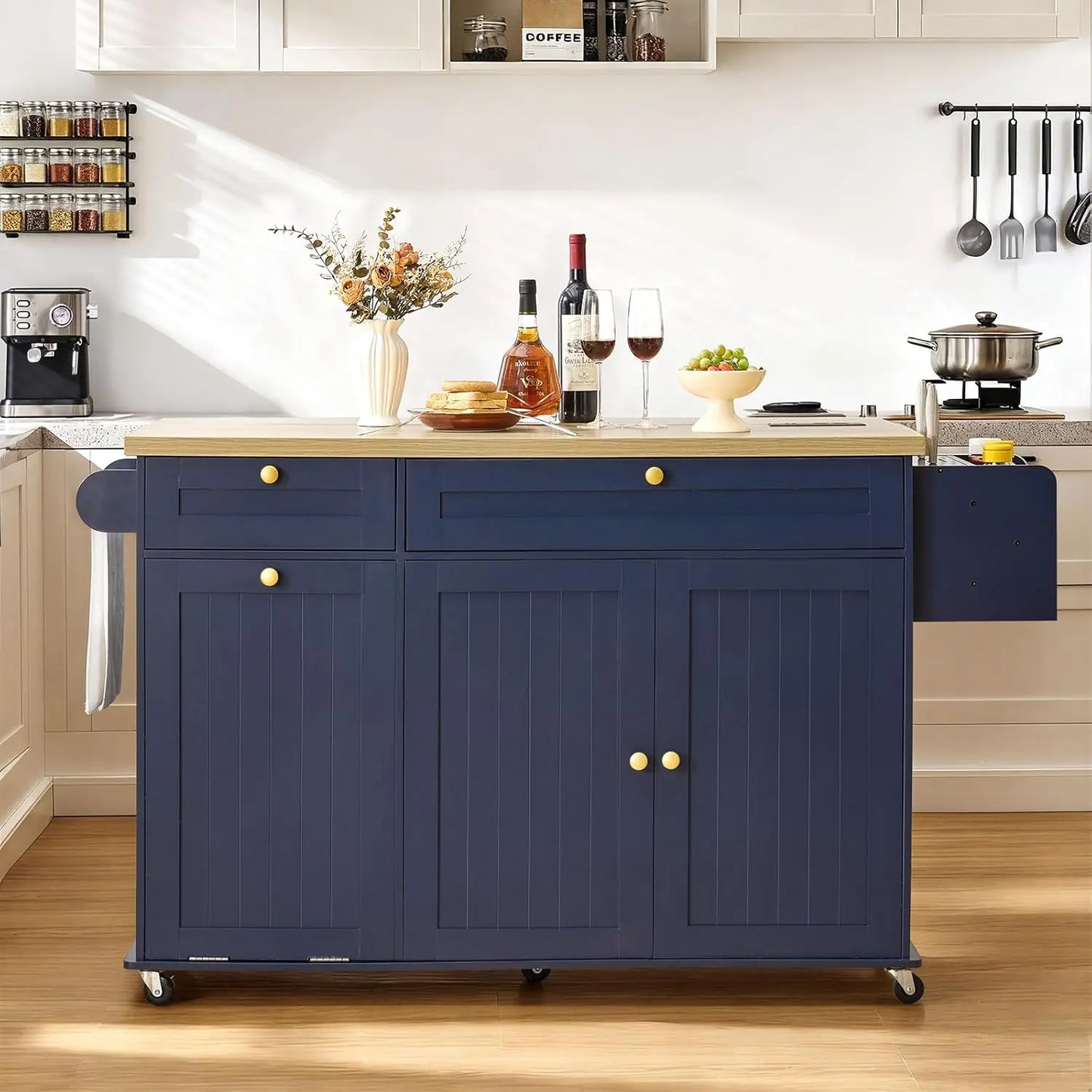 60.2" Kitchen Islands with Storage, Rolling Island Table with Trash Can Storage Cabinet, Mobile Island Cart with, Customized