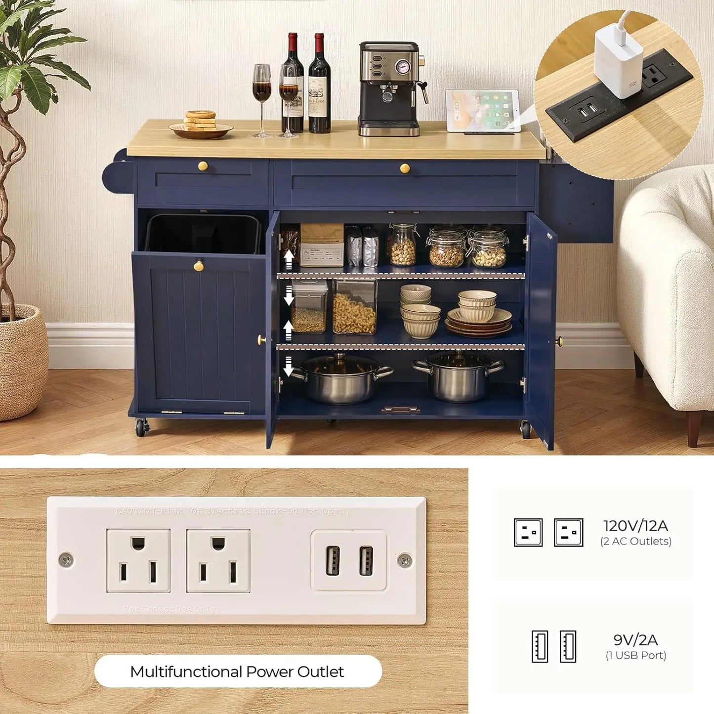60.2" Kitchen Islands with Storage, Rolling Island Table with Trash Can Storage Cabinet, Mobile Island Cart with, Customized