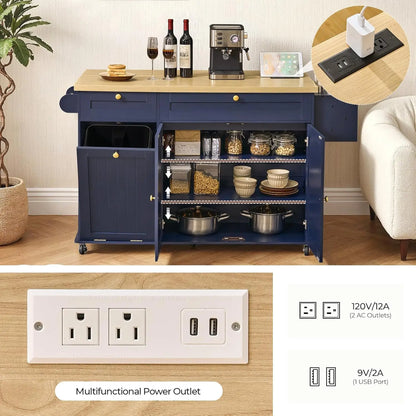 60.2" Kitchen Islands with Storage, Rolling Island Table with Trash Can Storage Cabinet, Mobile Island Cart with, Customized
