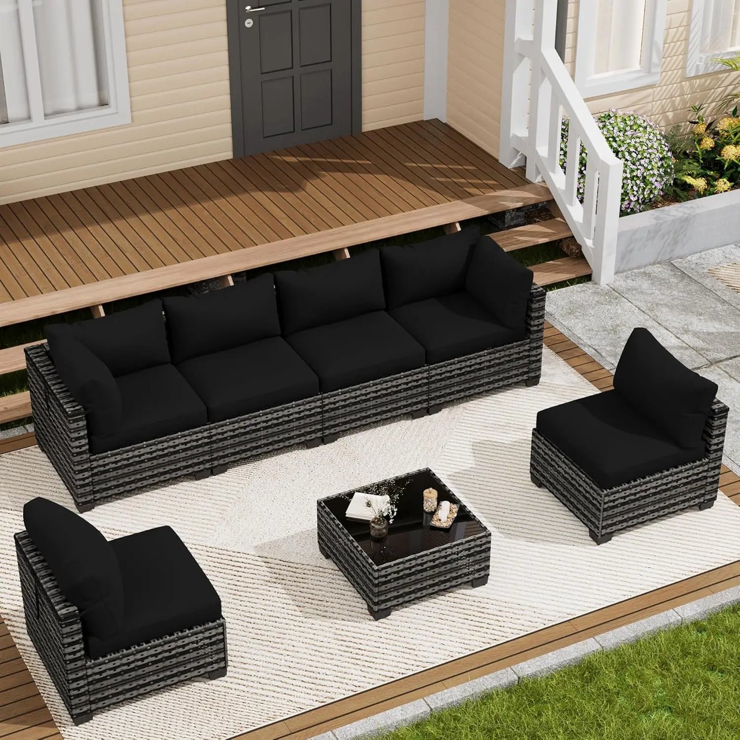 7‑Piece Wicker Rattan Patio Sofa Set with Coffee Table & Cushions