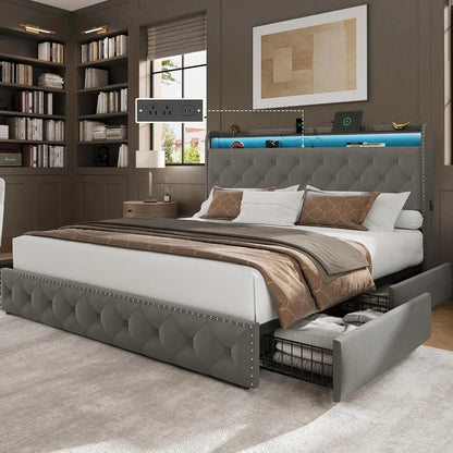 King Bed Frame w/ LED & 4 Drawers — Velvet Upholstered