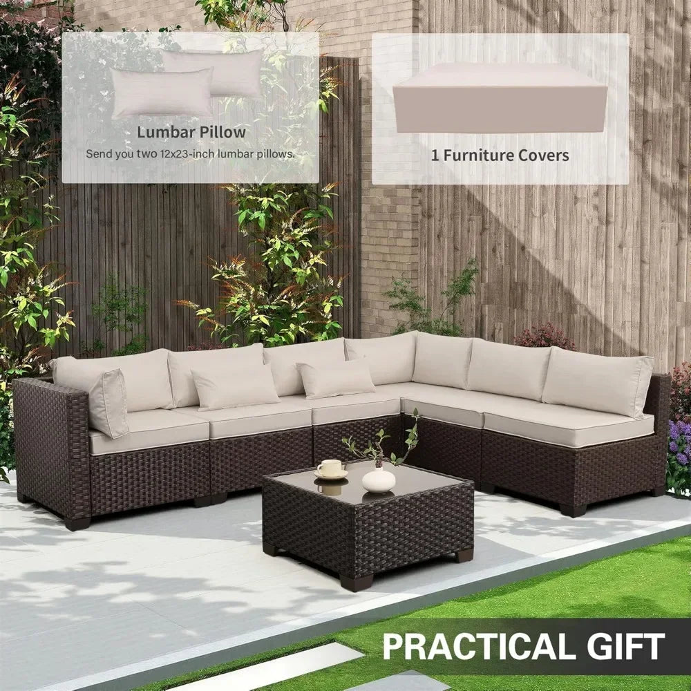 7‑Piece Wicker Patio Sectional Set with Coffee Table – Beige