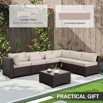 7‑Piece Wicker Patio Sectional Set with Coffee Table – Beige