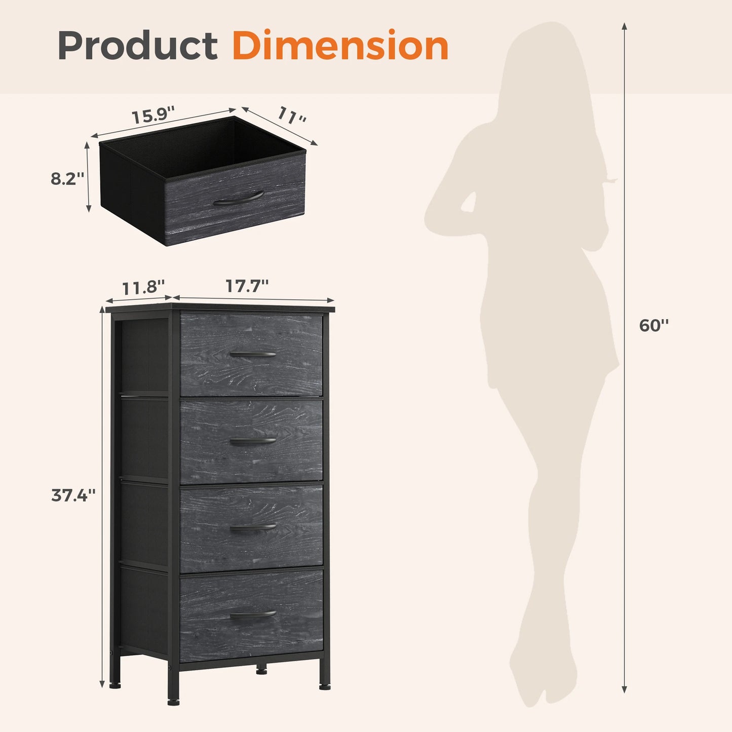 4‑Drawer Fabric Cabinet – Wood Top, Steel Frame
