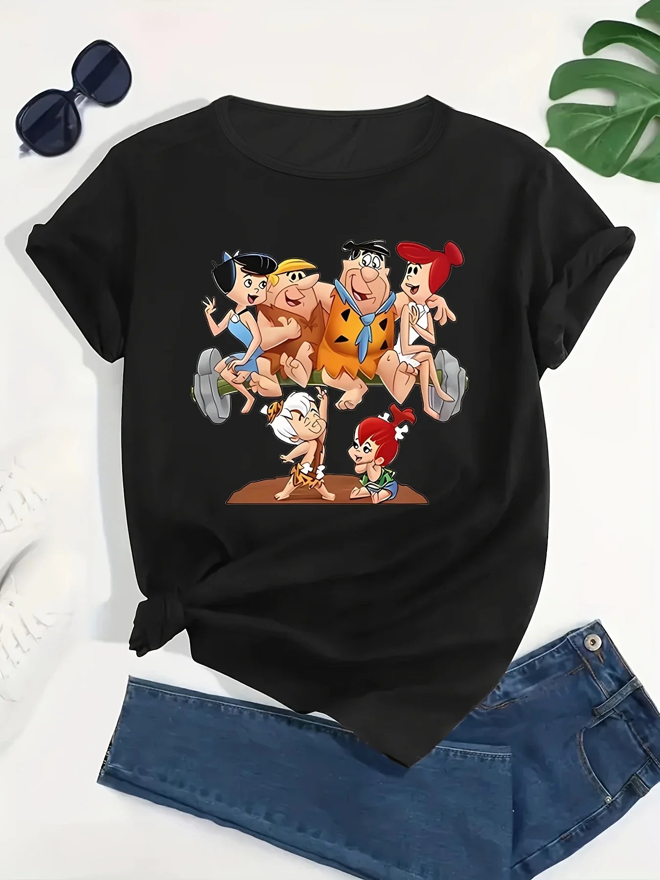 Women’s Crew Neck Cartoon Graphic T‑Shirt – Polyester Blend Casual Knit Top