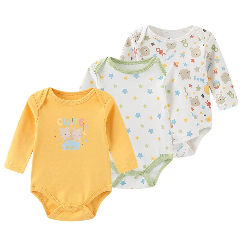 Kiddiezoom 3 Pcs Newborn Cartoon Long Sleeve 100%cotton Baby Boy Girl Bodysuit Soft Infant Onesies Clothes
