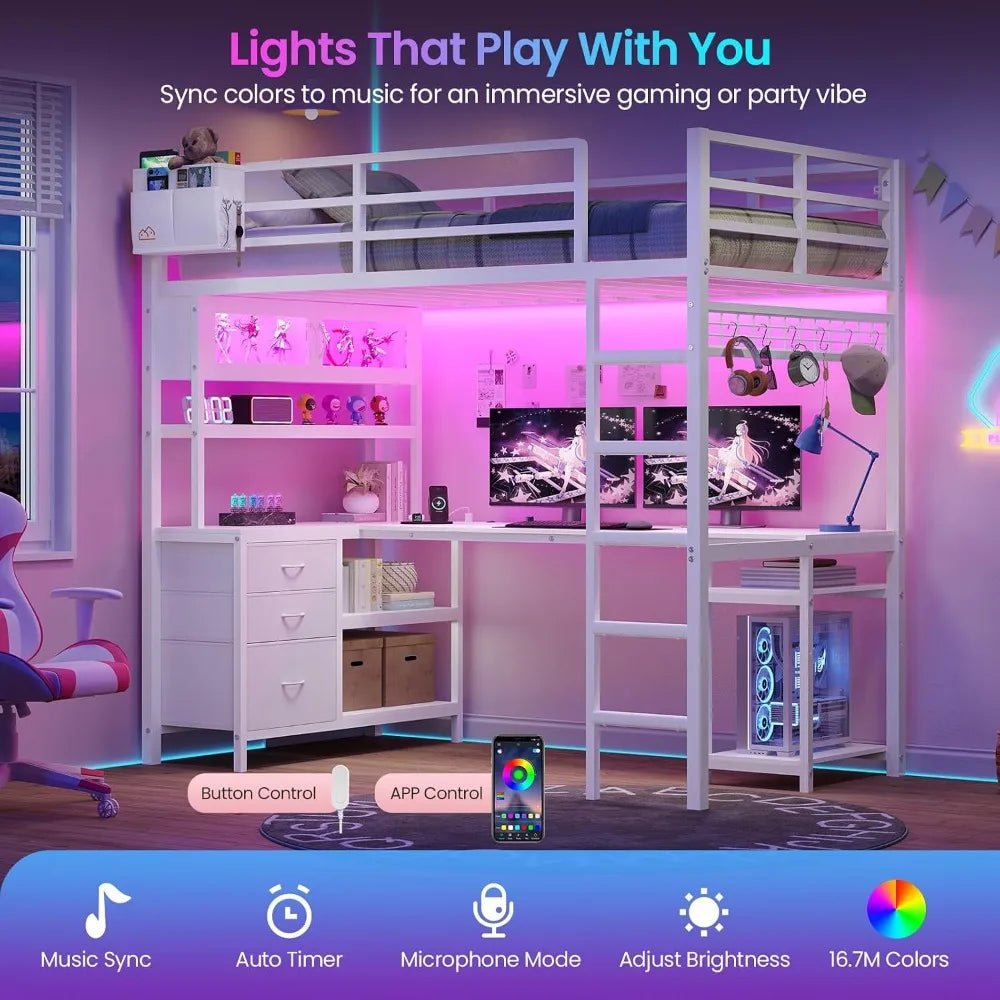 Twin Loft Bed w/ L‑Desk, LED, Drawers, USB & Safety Rail