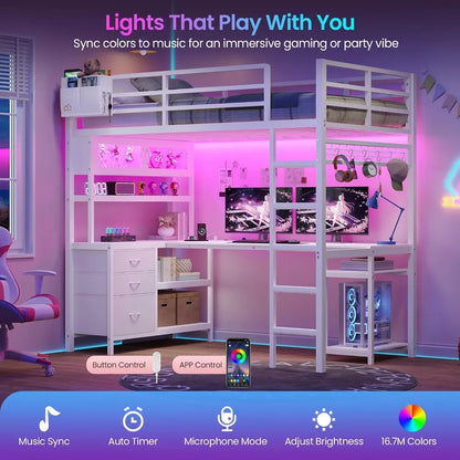 Twin Loft Bed w/ L‑Desk, LED, Drawers, USB & Safety Rail