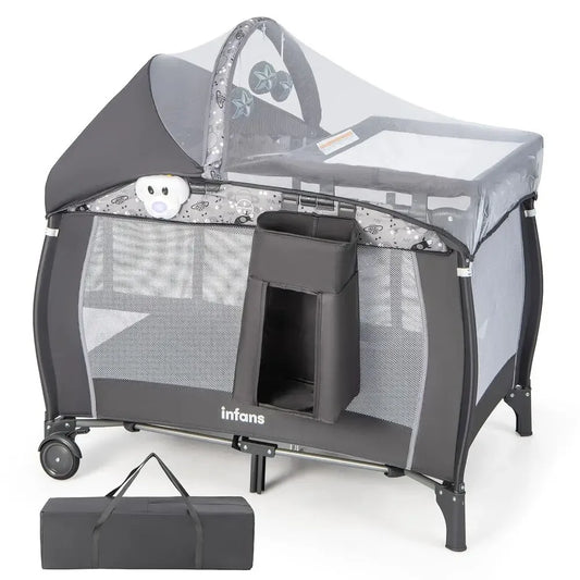 All-in-One Portable Baby Playard with Bassinet, Changing Station, Mosquito Net, Toys, Music, Storage for Toddlers - GreyTime-lim