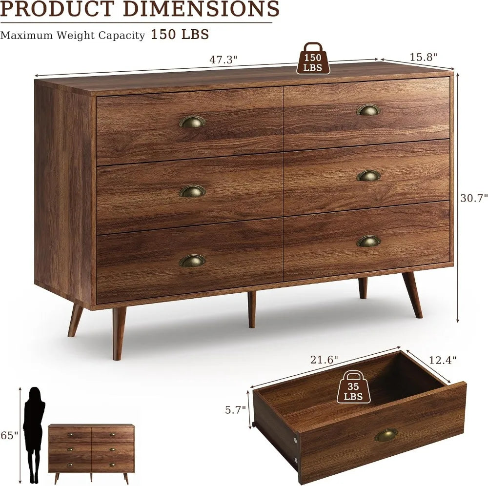 Walnut 6‑Drawer Dresser — 47" Mid‑Century Chest