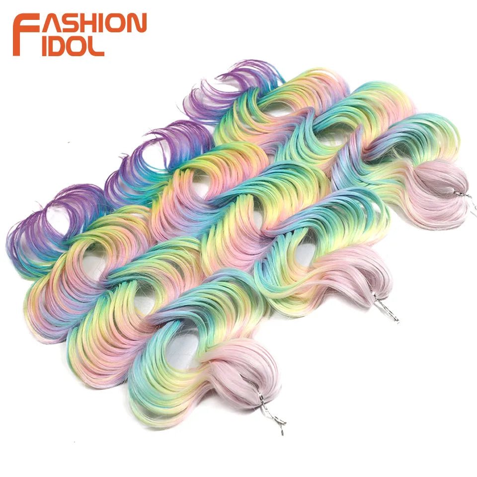 FASHION IDOL 24inch 300g/3pcs Deep Wave Crochet Hair Synthetic Water Wave Braiding Hair Ombre Rainbow color Fake Hair Extensions