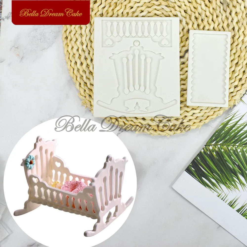 2pcs/set Baby Crib Design Silicone Mold 3D Fondant Chocolate Mould Cake Decorating Tools DIY Sugarcraft Clay Model Bakeware