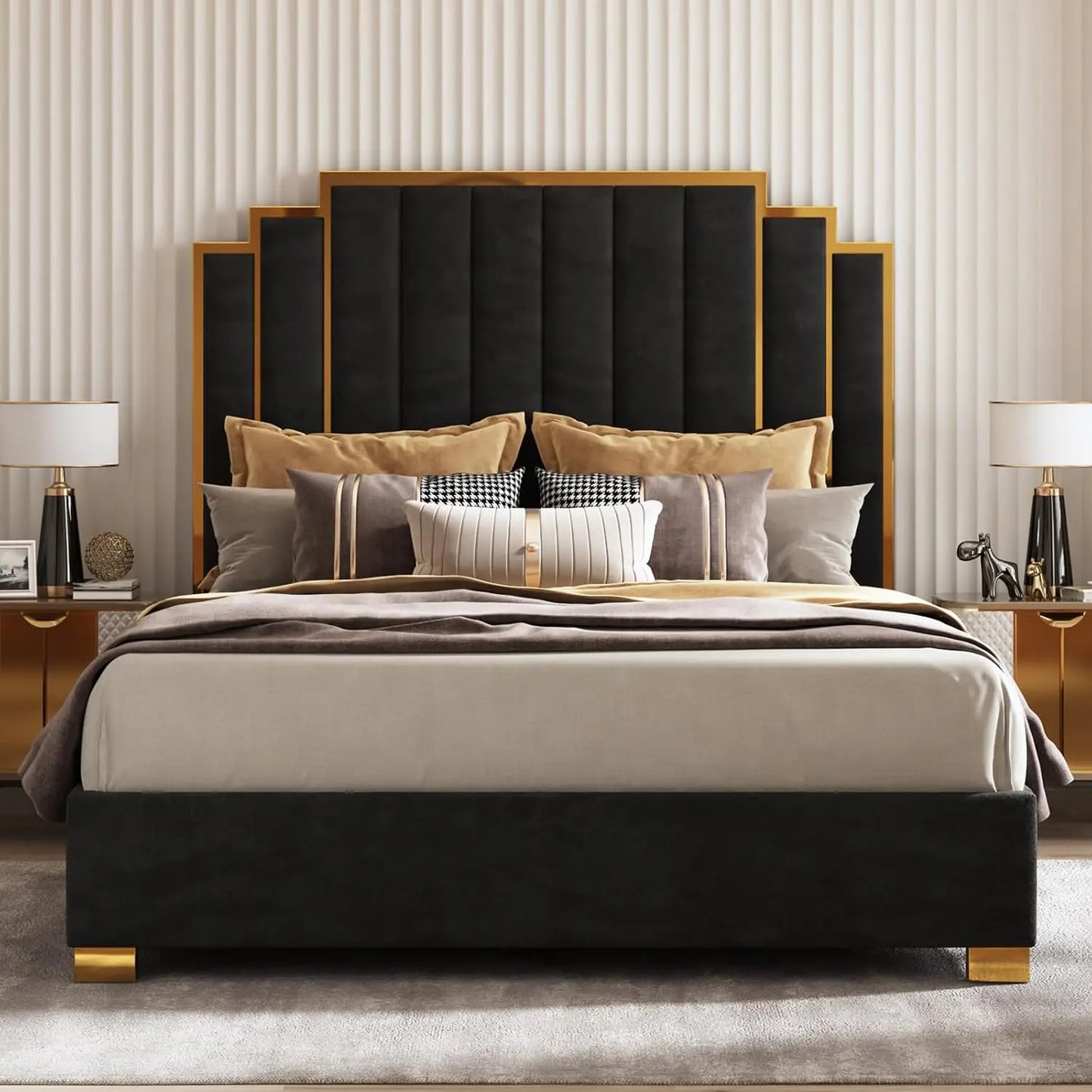 King Velvet Bed Frame with 65" Gold Trim Headboard – Black (Custom)