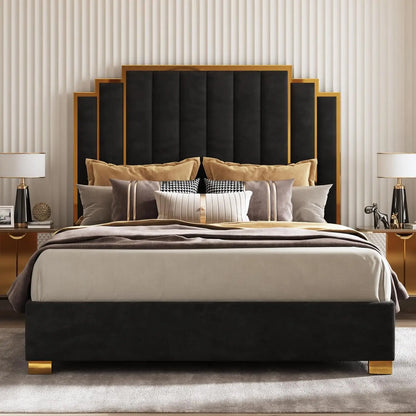 King Velvet Bed Frame with 65" Gold Trim Headboard – Black (Custom)