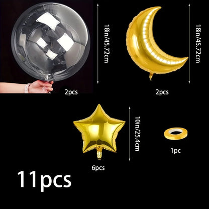 11‑Piece Golden Moon & Star Foil Balloon Set – Ramadan & Eid Party Decorations