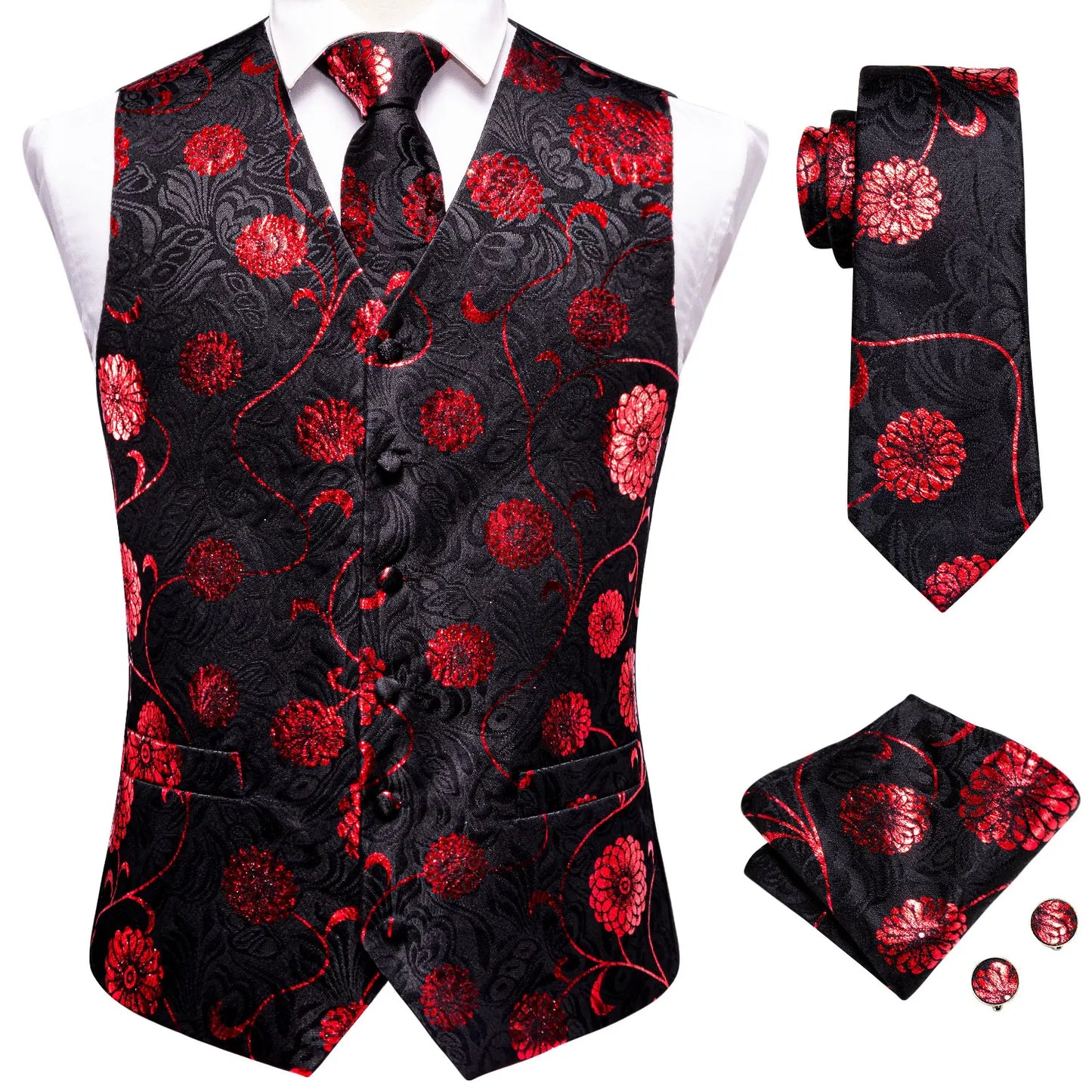 Hi-Tie 20 Color Silk Men's Vests Tie Slim Sleeveless Jacket Hanky Cufflink Waistcoat 4PC Suit