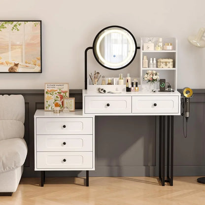 Vanity Desk — Mirror, Lights, 5 Drawers & Power Outlets