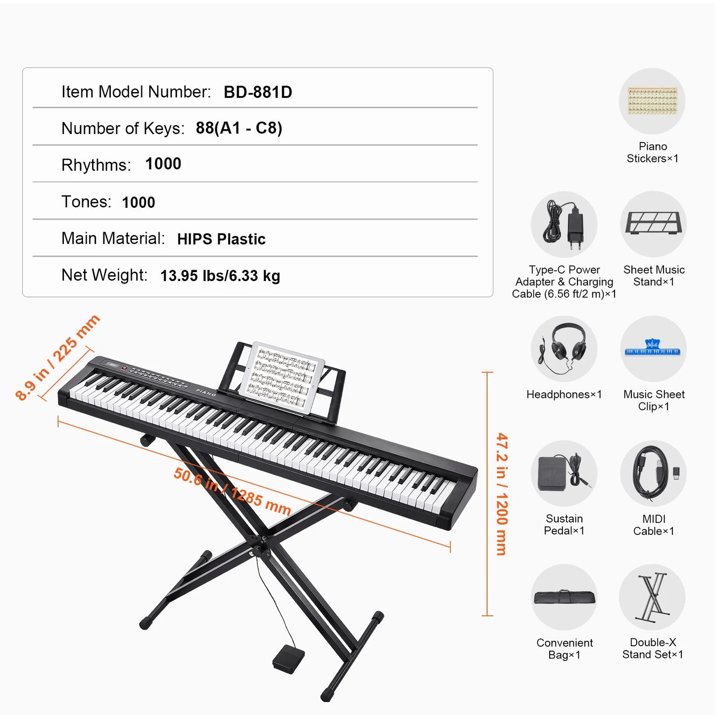 SucceBuy 88‑Key Digital Piano – Semi‑Weighted Full‑Size Portable Electric Keyboard, 1000 Tones for Beginners