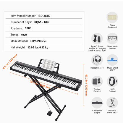 SucceBuy 88‑Key Digital Piano – Semi‑Weighted Full‑Size Portable Electric Keyboard, 1000 Tones for Beginners