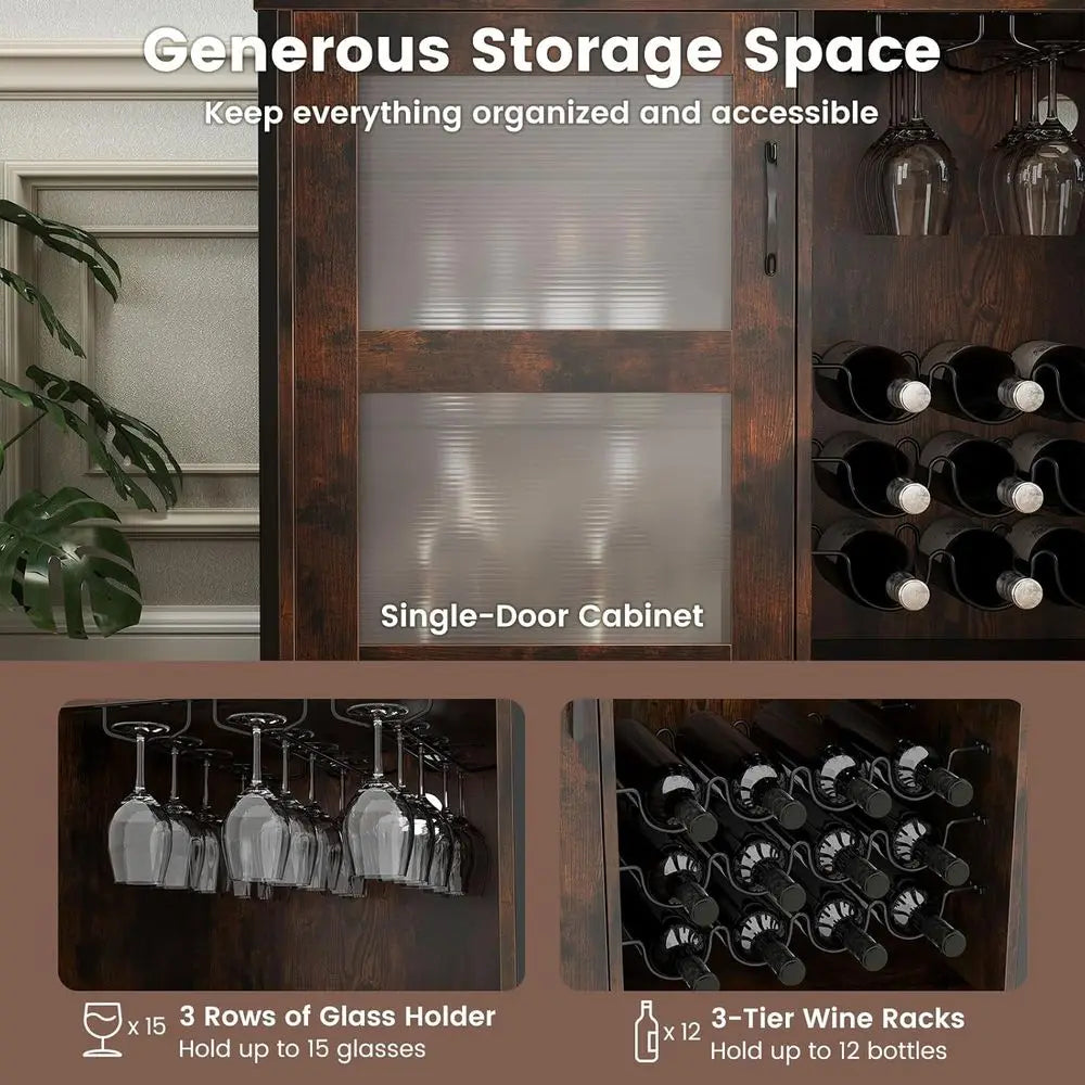 Rolling Wine Bar Cabinet with LED Lights — Rustic Brown