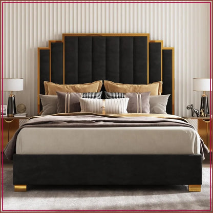 King Velvet Bed Frame with 65" Tall Gold Headboard – Black