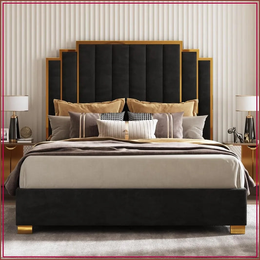 King Velvet Bed Frame with 65" Tall Gold Headboard – Black