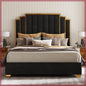 King Velvet Bed Frame with 65" Tall Gold Headboard – Black