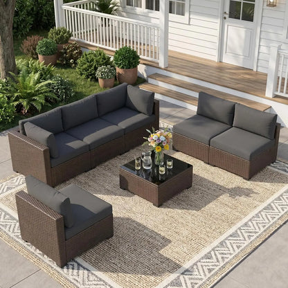7‑Piece Wicker Rattan Patio Sofa Set with Coffee Table & Cushions