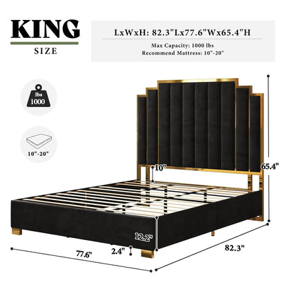 King Velvet Bed Frame with 65" Gold Trim Headboard – Black (Custom)