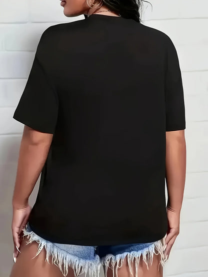 Women’s Crew Neck Cartoon Graphic T‑Shirt – Polyester Blend Casual Knit Top