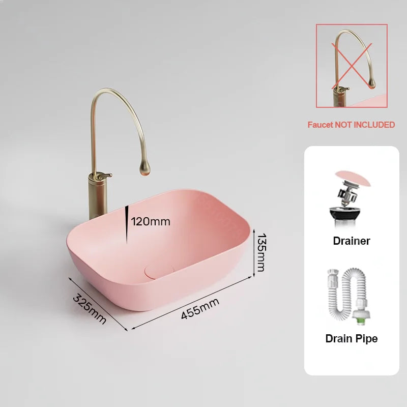 Pink Ceramic Vessel Sink – Modern Countertop Basin with Drain