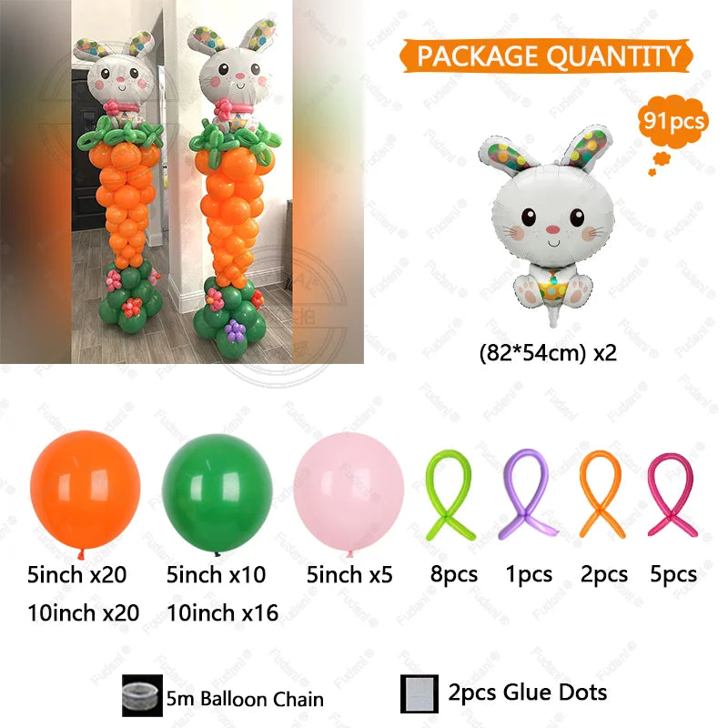 91pcs/set Carrot Shape Easter Rabbit Balloons Stand DIY Latex Balloon Ornament Toy Easter Themed Party Supplies Party Decoration