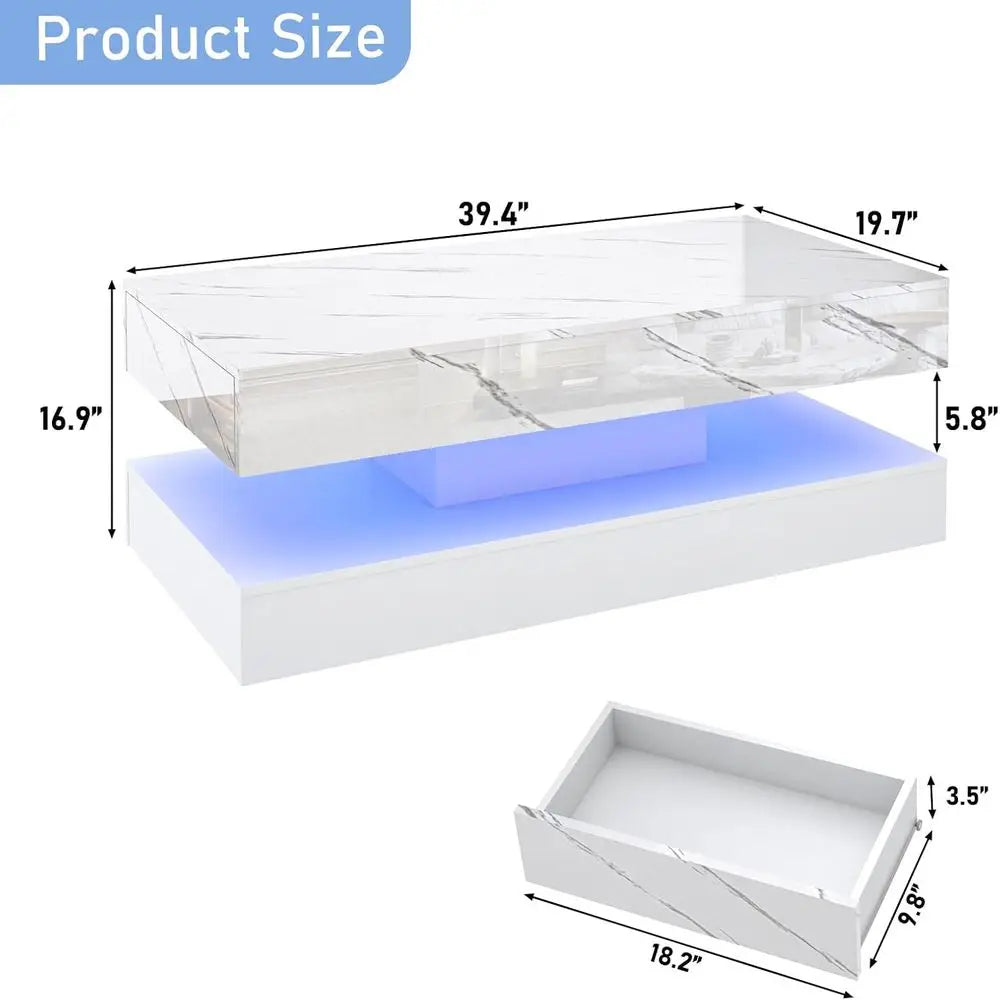 39.4" High‑Gloss LED Coffee Table with Sliding Drawers – Marble Print