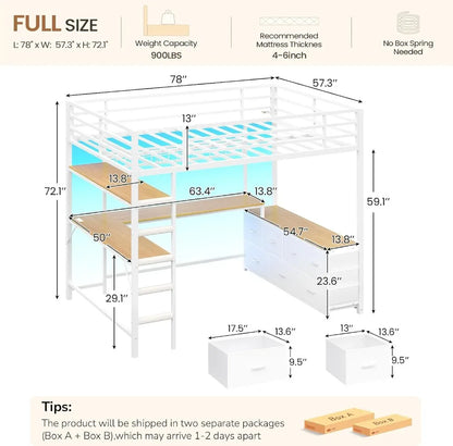 Full Loft Bed w/ U‑Desk, 7 Drawers, LED Lights & Charging Station — White