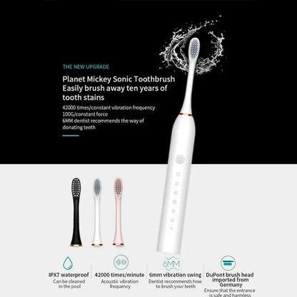 Electric Ultrasonic Toothbrush Set (Six‑Speed, Waterproof, USB Charging, Adult Tooth Cleaner)