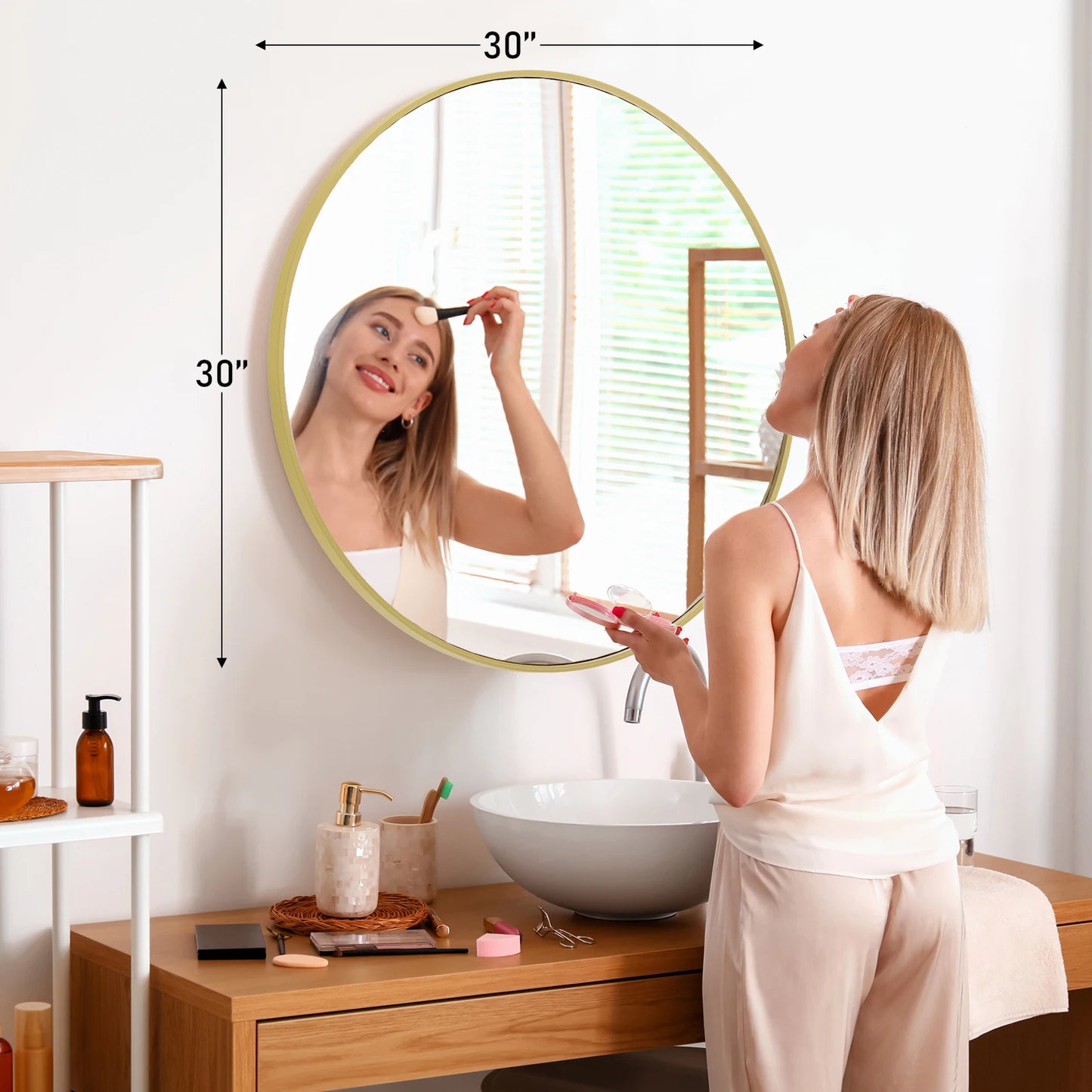 Large Gold Round Vanity Framed Mirror for Wall Matte Metal Framed 30 Inch Modern Mirror Tempered Glass Bedroom Living Room