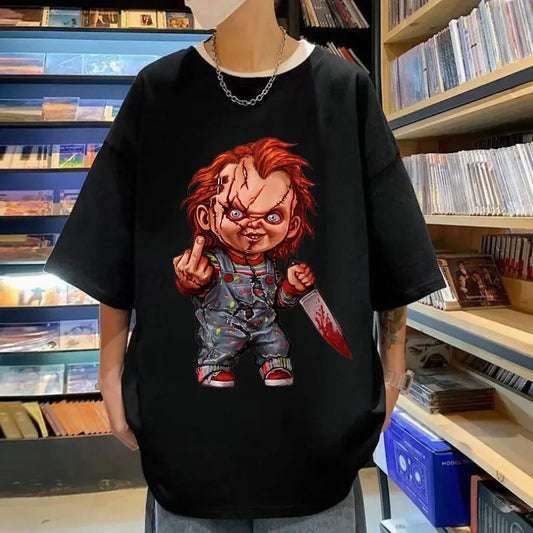 Horror Chuck Pattern T-shirt Women's Gothic Fashion Short sleeved T-shirt Summer High Quality T-shirt Street Clothing