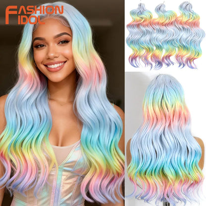 FASHION IDOL 24inch 300g/3pcs Deep Wave Crochet Hair Synthetic Water Wave Braiding Hair Ombre Rainbow color Fake Hair Extensions