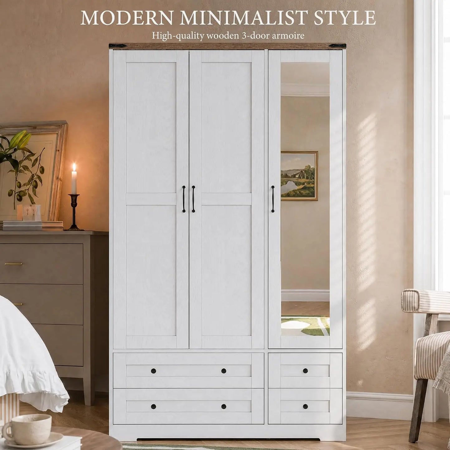 Tall 3‑Door Armoire Closet with Mirror & Drawers – White