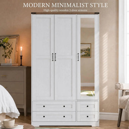 Tall 3‑Door Armoire Closet with Mirror & Drawers – White