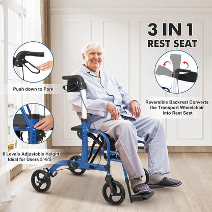 All‑Terrain Rollator Walker with Seat (Foldable Aluminum, Adjustable Height)
