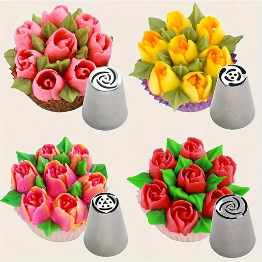 4pcs Stainless Steel Piping Nozzles Set - Vibrant Floral & Leaf Designs for Cupcake Decorating Perfect for DIY Desserts & Baking