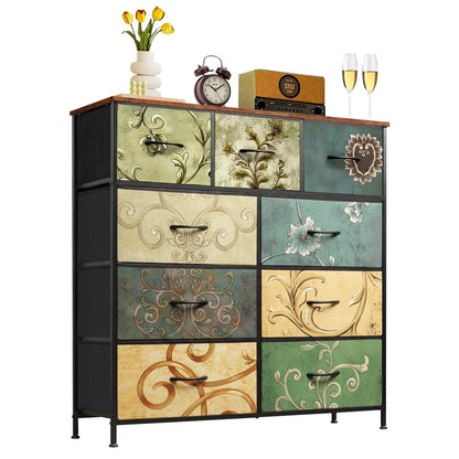 9‑Drawer Tall Bedroom Dresser with Wooden Top & Fabric Bins