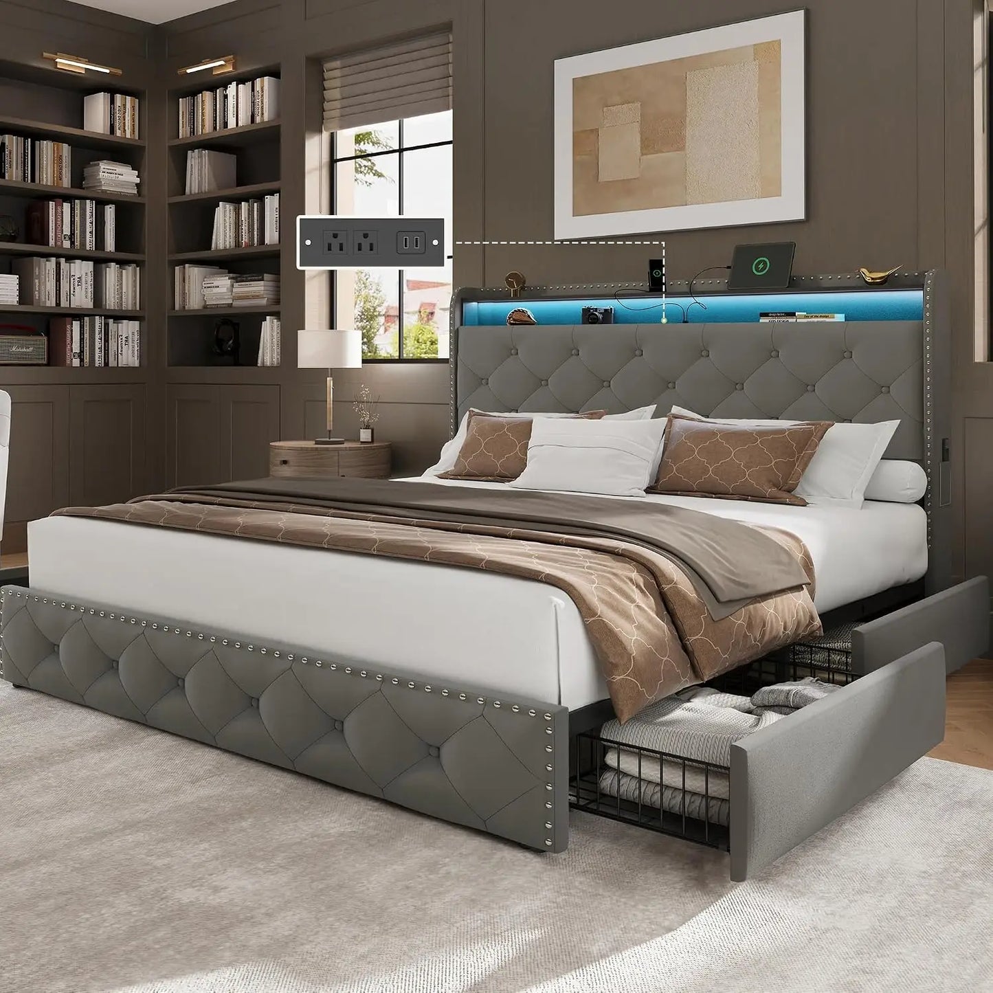 Queen Upholstered LED Platform Bed w/ 4 Storage Drawers